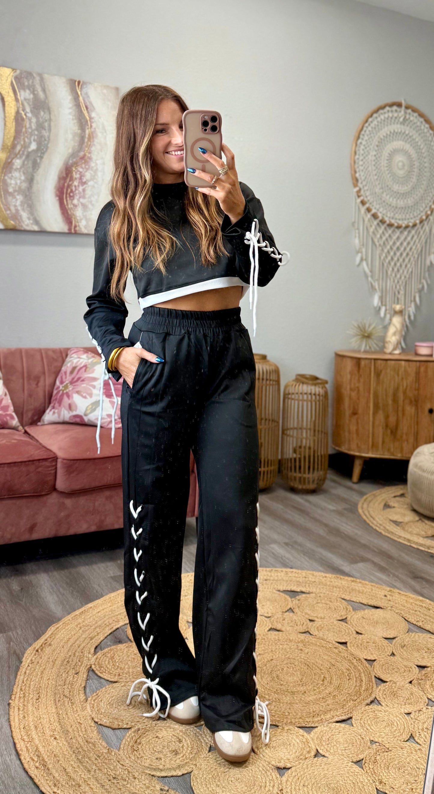 Black Lace Up Detail Top & Pants Set (Reg.)