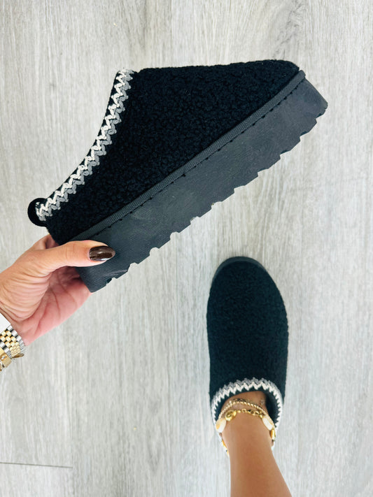 Black Sherpa Slip On Platform Slides