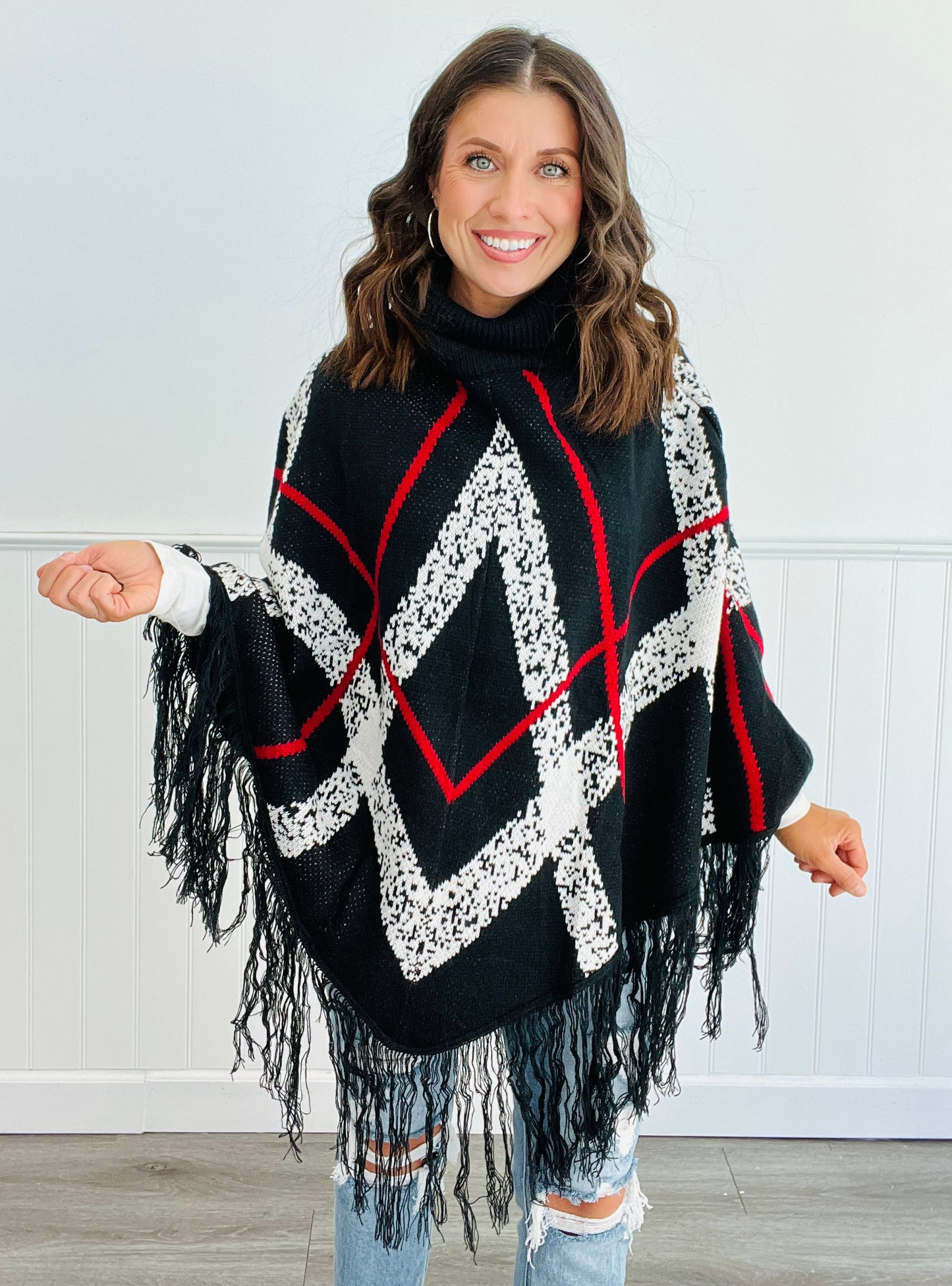 Plaid Fringe Turtleneck Poncho (Reg.)- 2 Colors