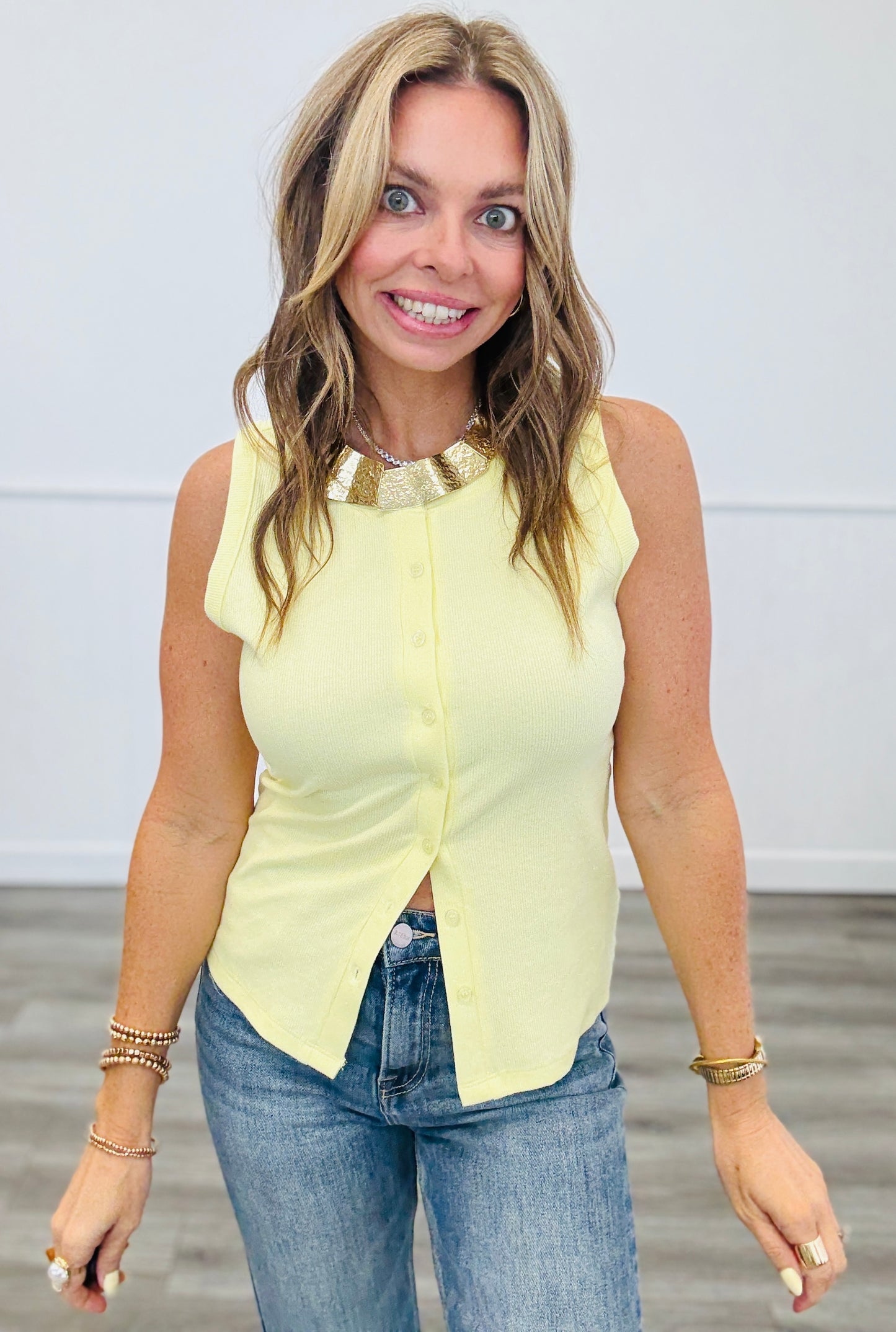 Ribbed Button Placket Sleeveless Top (Reg.)- 6 Colors