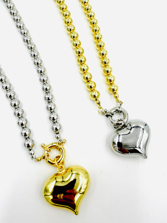 Ball Beaded Puffy Heart Necklace - 2 Colors