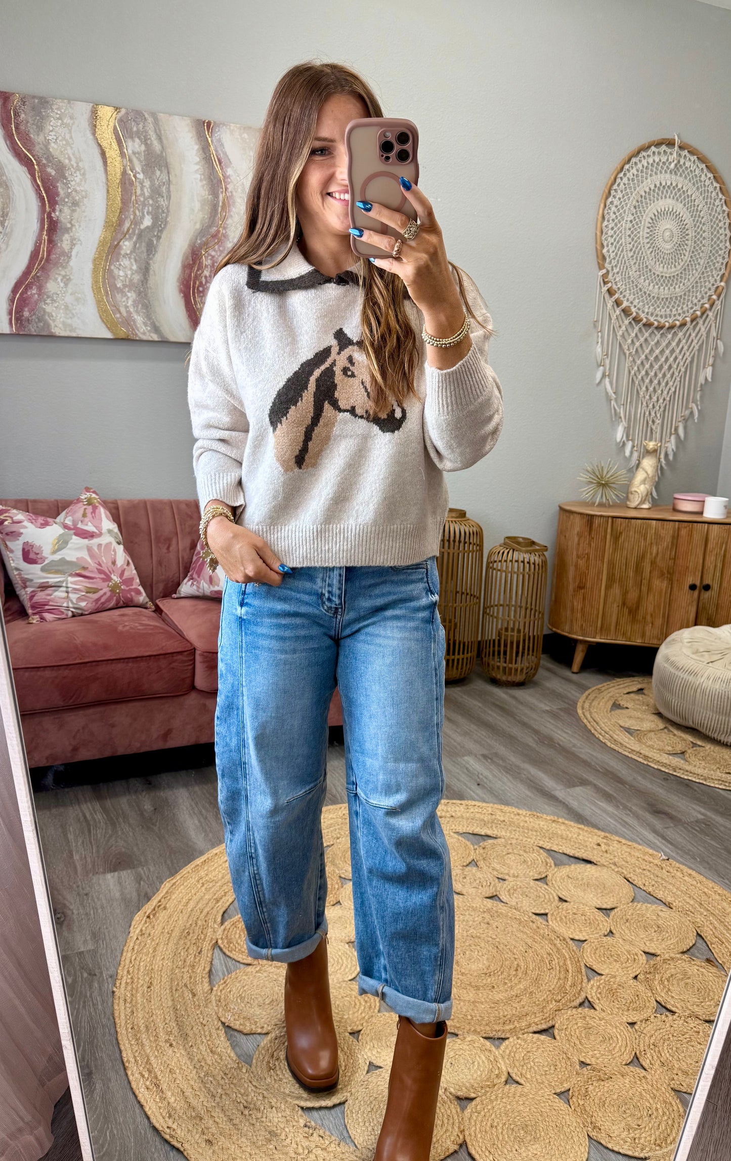Taupe Horse Print Collar Sweater (Reg.)