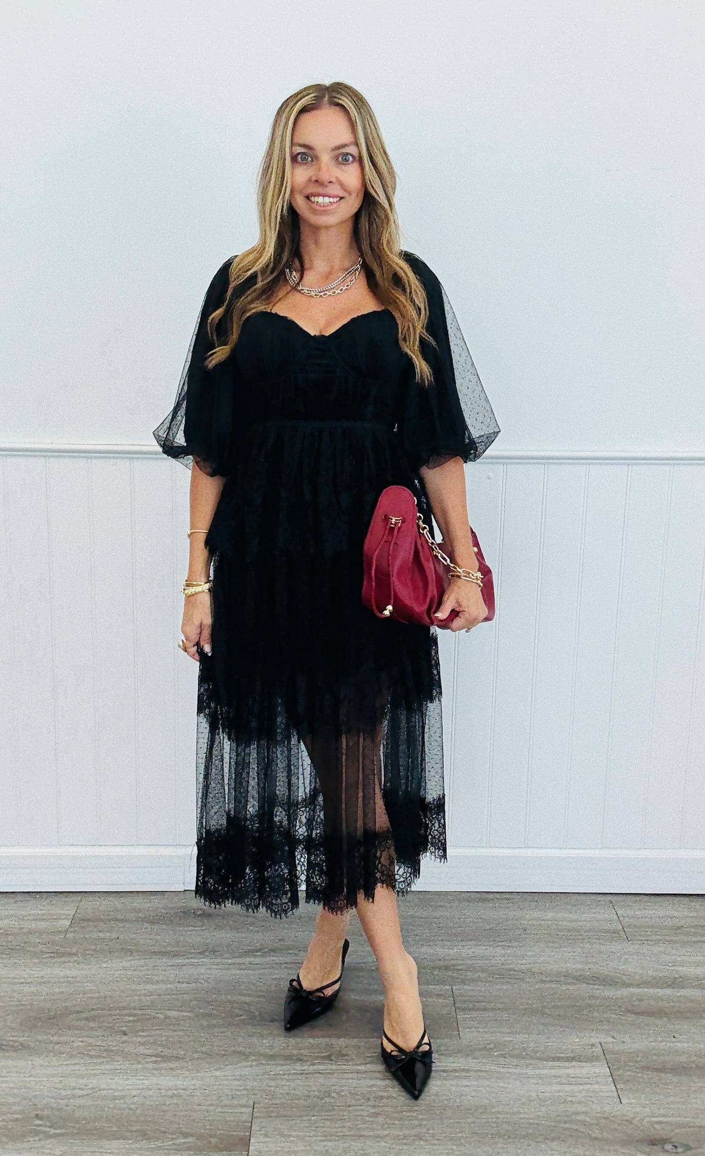 Black Layered Vintage Lace Midi Dress (Reg.)