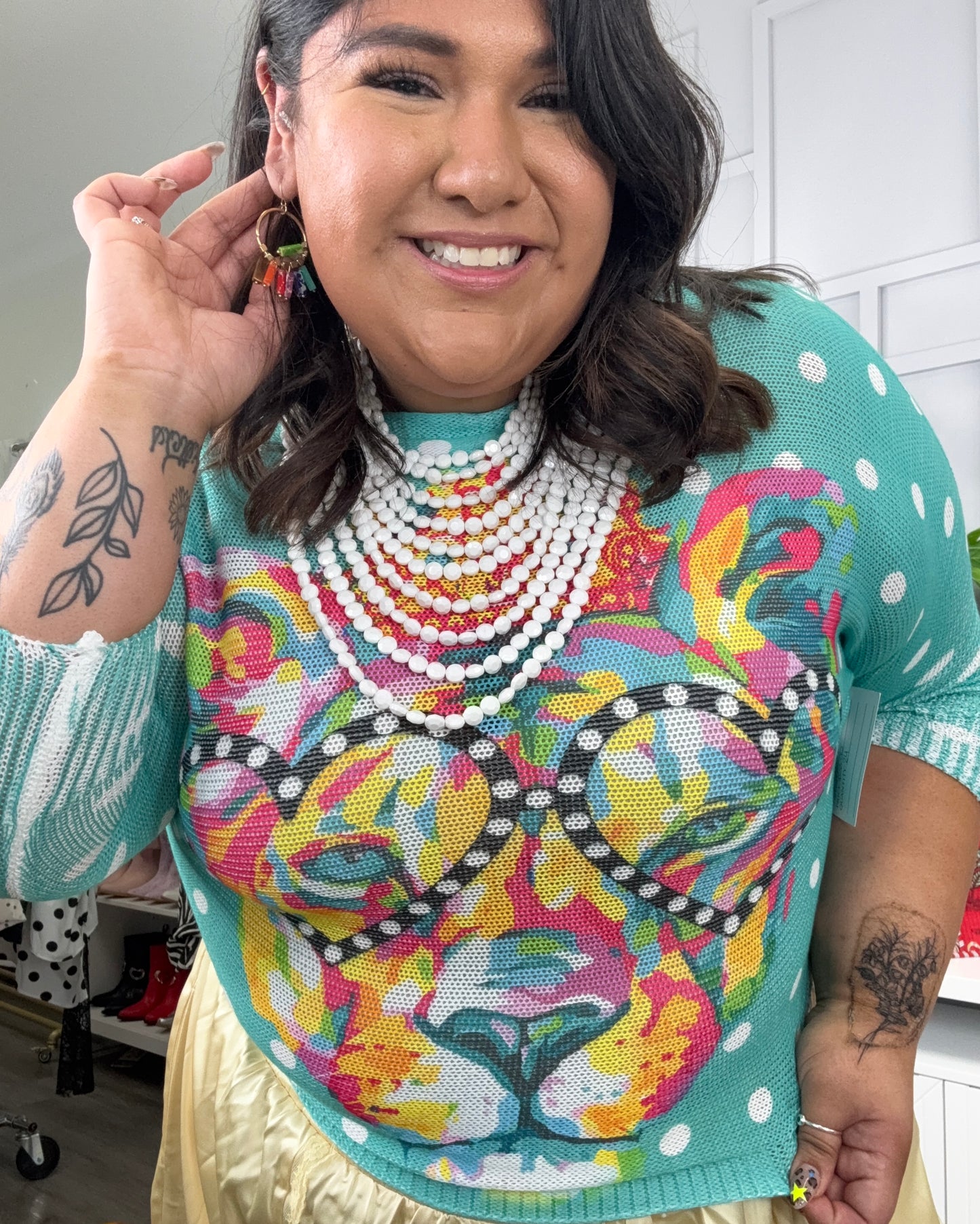 Turquoise Polka Dot Leopard Crowned & Colorful Pullover Top (One Size)