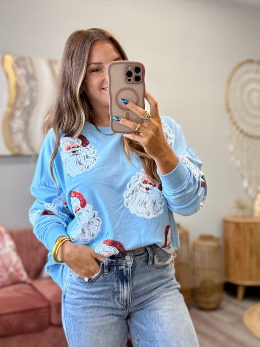 Lt Blue Sequin Santa Pullover Sweatshirt (Reg.)