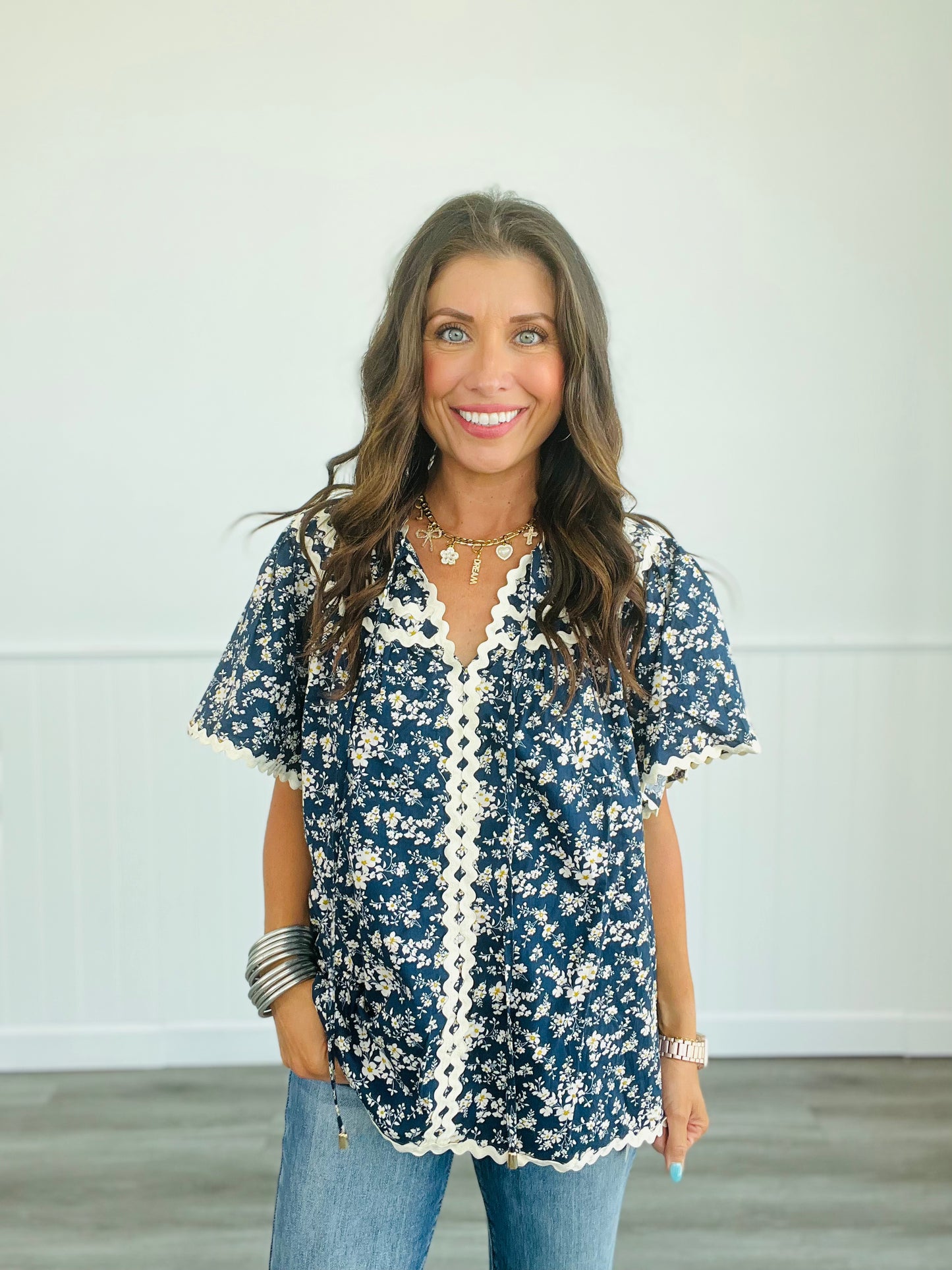 Navy Floral Ric Rac Trim Top (Reg. and Plus)