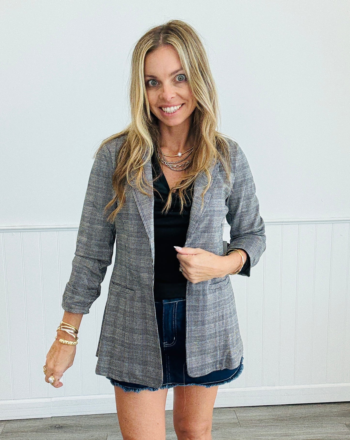 Gray Plaid Ruched Sleeve Blazer (Reg.)