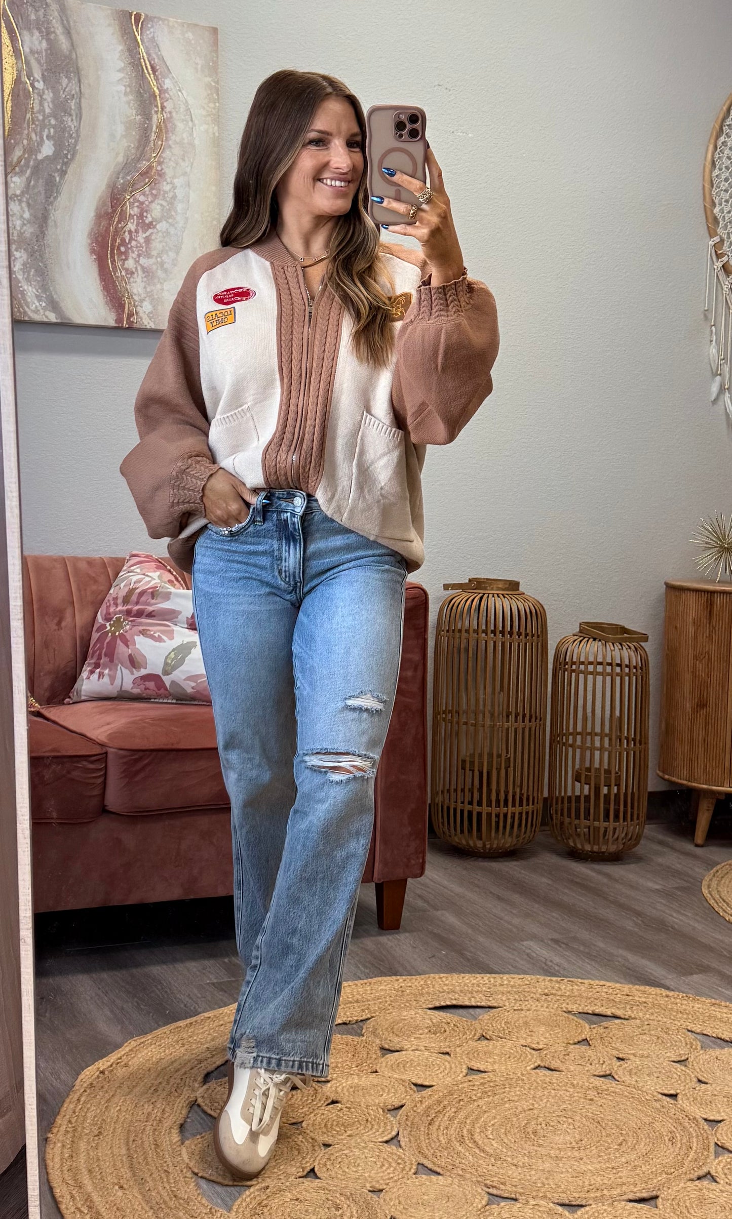 Western Patch Zip Up Sweater Jacket (Reg. and Plus) - 2 Colors