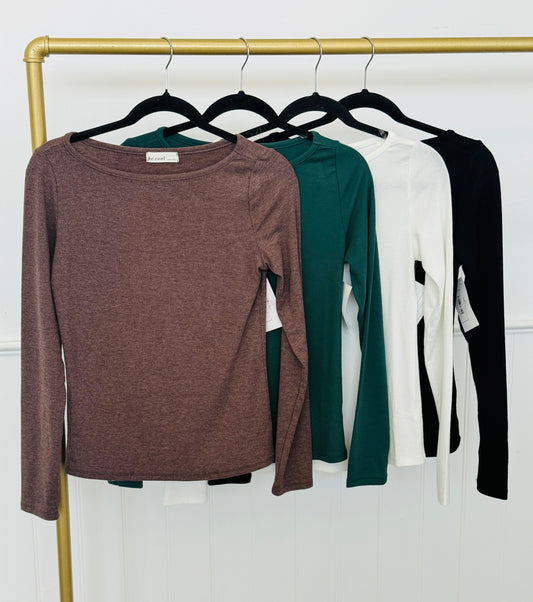 Essential Boat Neck Long Sleeve Tee Top (Reg.) - 4 Colors