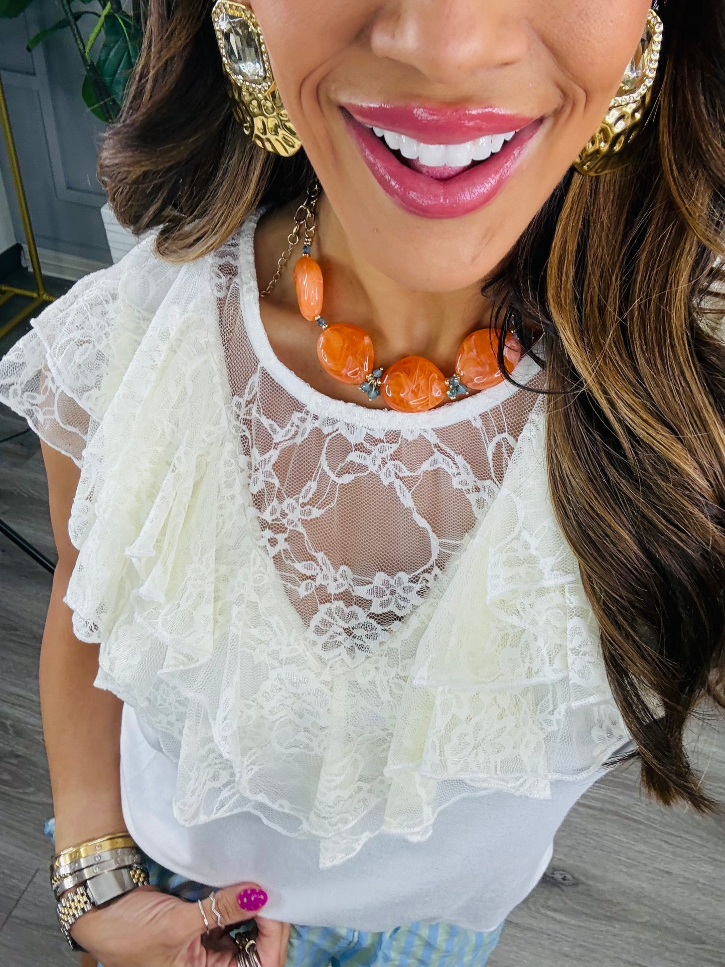 Ivory Lace Ruffle Contrast Sleeveless Blouse (Reg. and Plus)