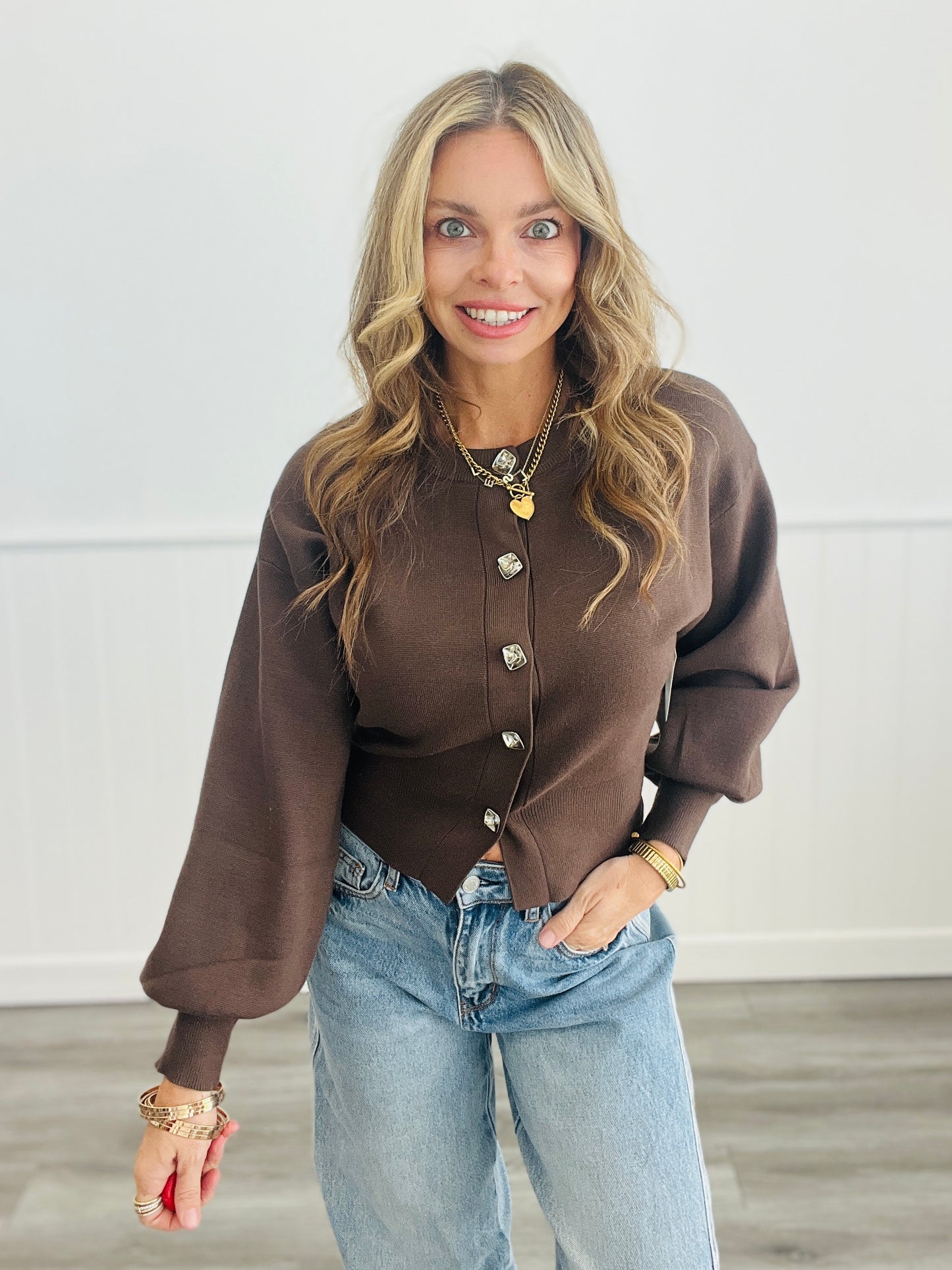 Puff Sleeve Flower Button Sweater Cardigan (Reg.)-3 Colors