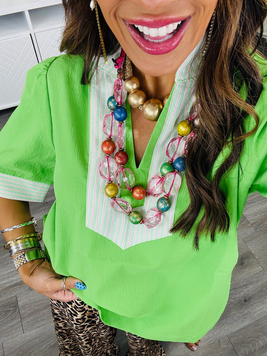 Apple Green Contrast Stripes Blouse (Reg.)