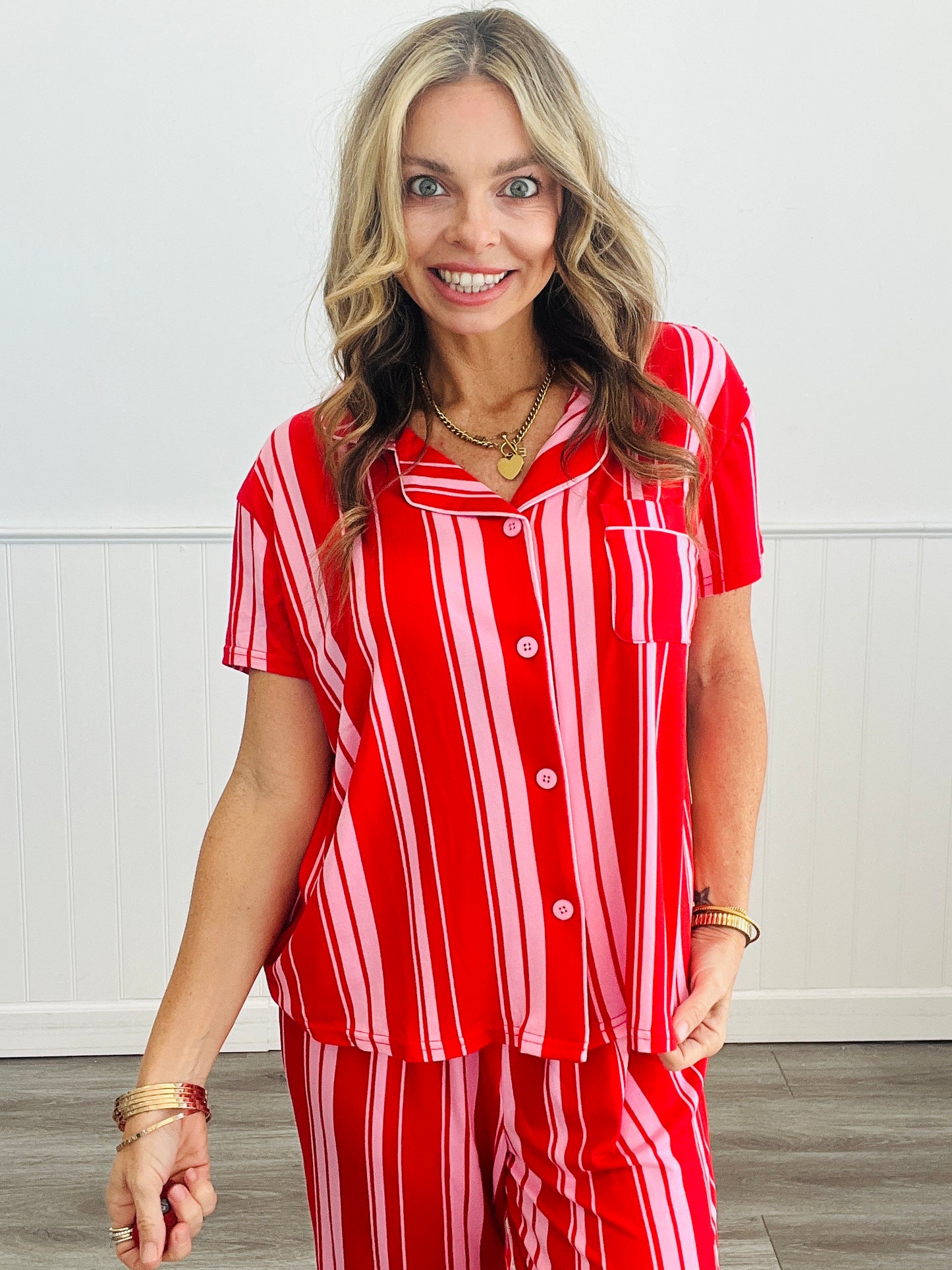 Red/Pink Striped Button Up Pajama Top (Reg.)