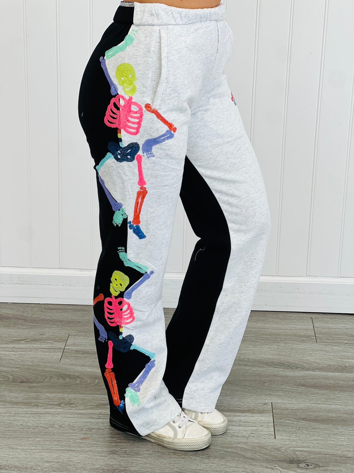 Queen Of Sparkles Black/Grey Colorblock Sequin Skeleton Pants (Reg. and Plus)