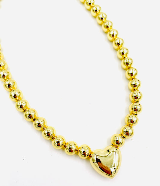 Gold Ball Beaded Heart Necklace