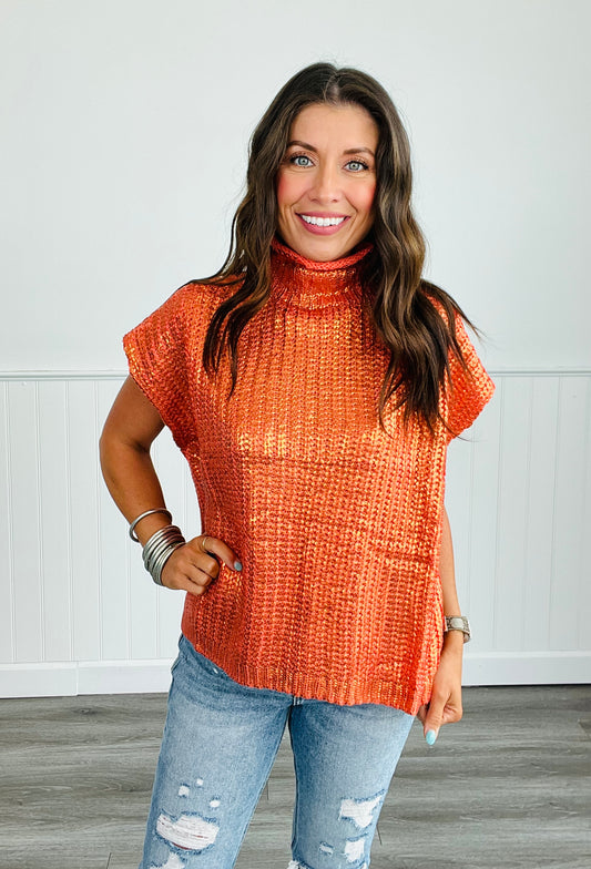 Orange Metallic Foil Turtleneck Sleeveless Sweater Top (Reg.)