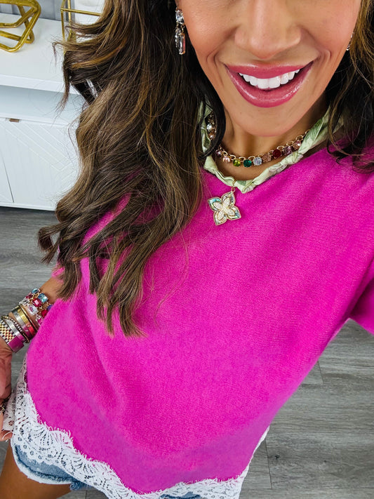 Magenta Lace Hem Fuzzy Sweater Top (One Size)