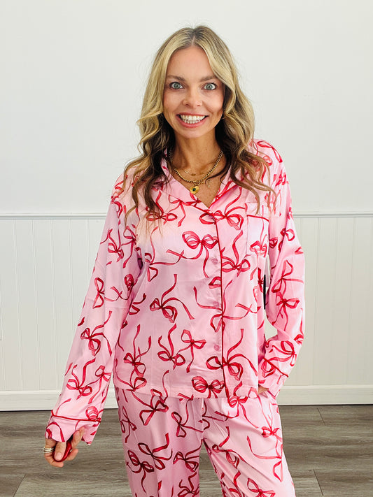 Red/Pink Bow Printed Button Up Pajama Top (Reg.)
