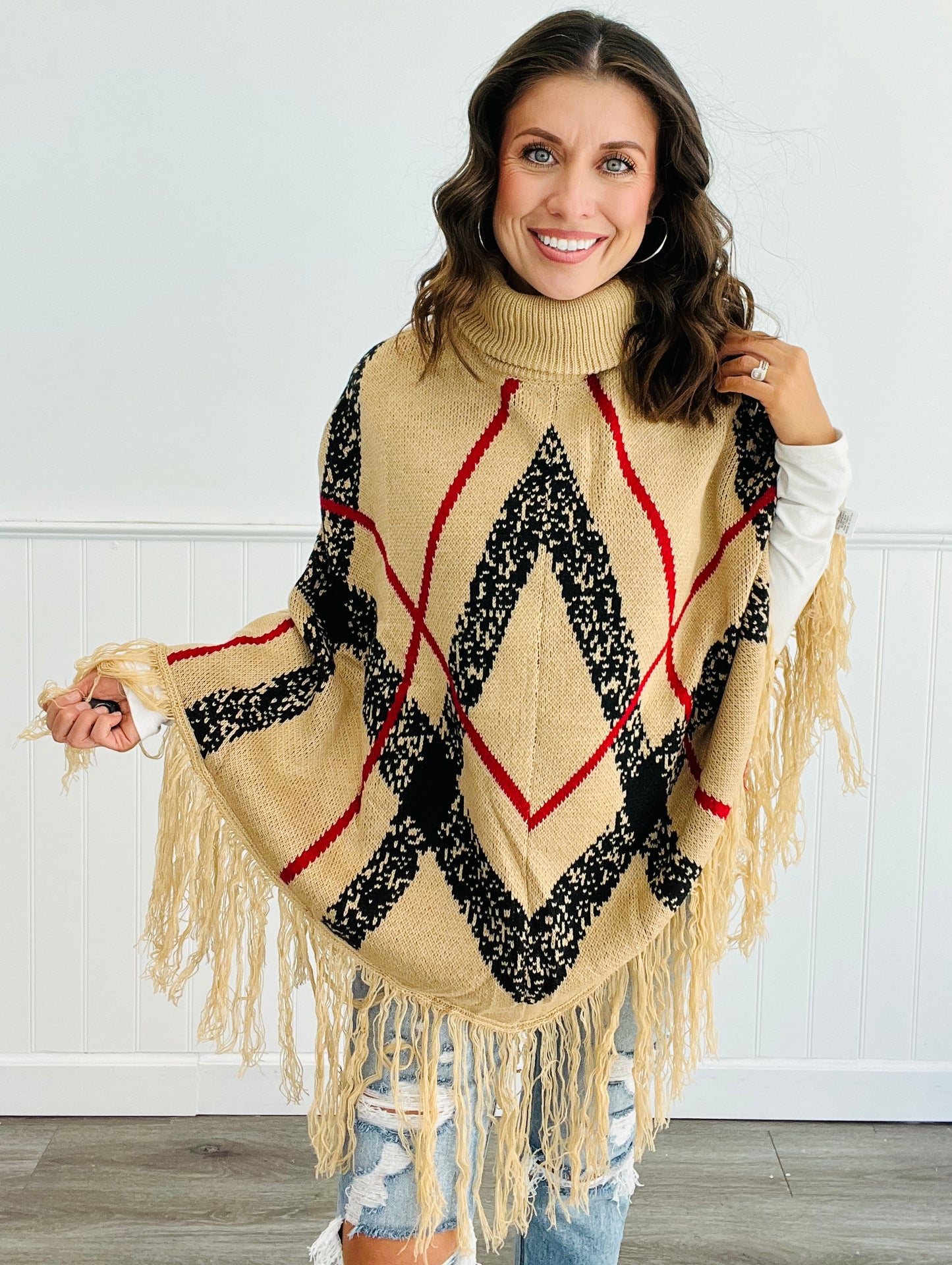 Plaid Fringe Turtleneck Poncho (Reg.)- 2 Colors