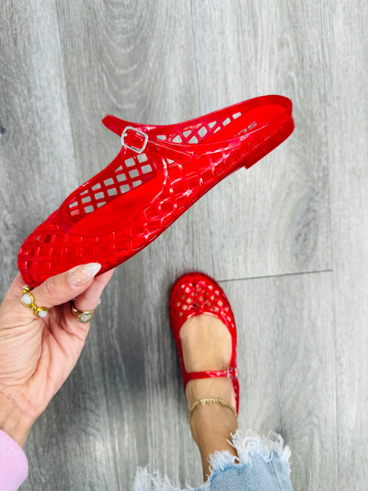 Red Jelly Mary Jane Slip On Flats