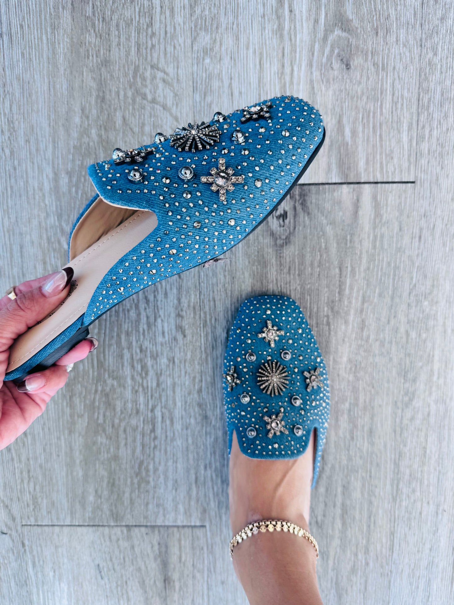 Blue Denim Stars Above Slip On Mules