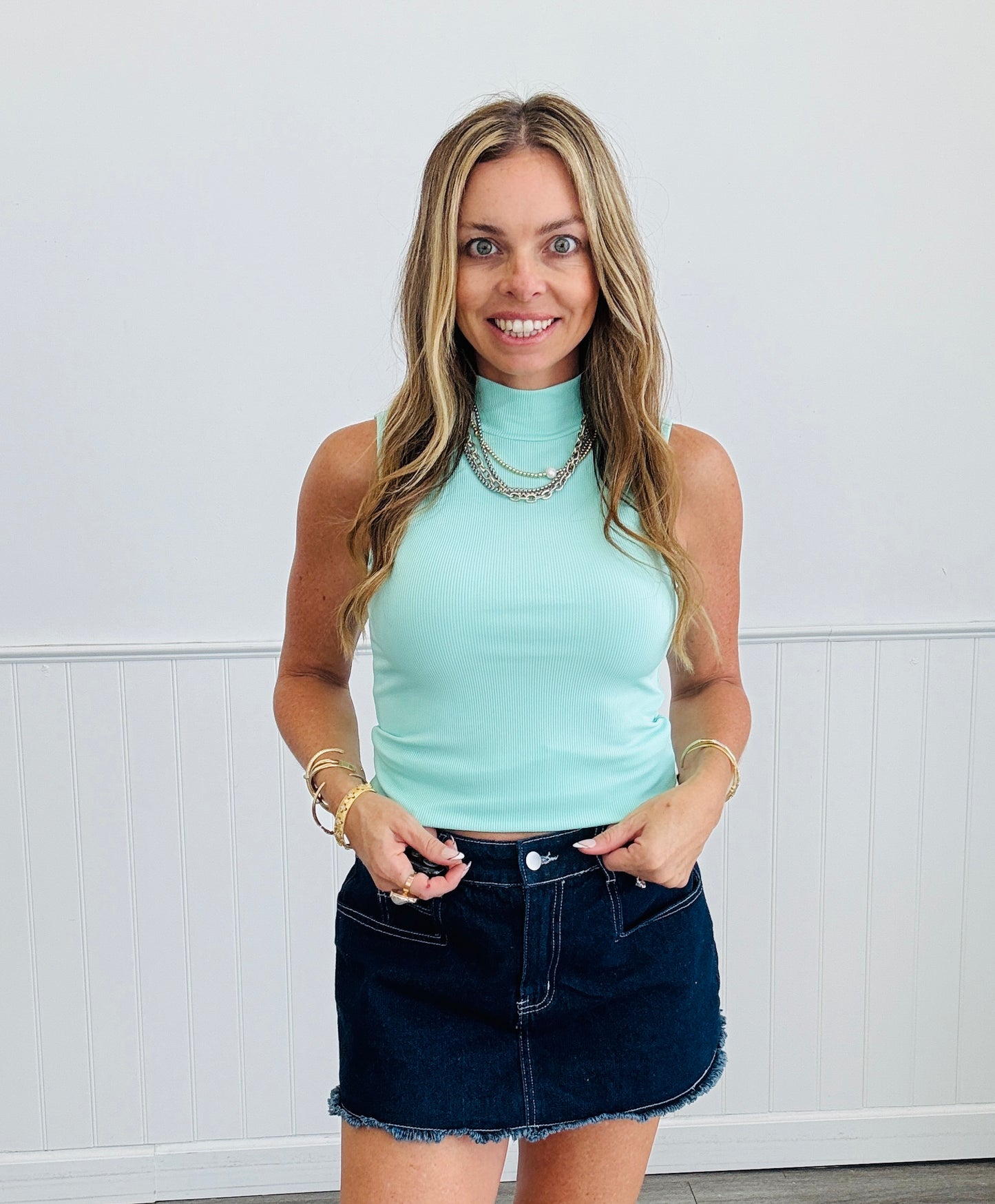 Mint Sleeveless Ribbed Turtleneck Top (Reg. and Plus)