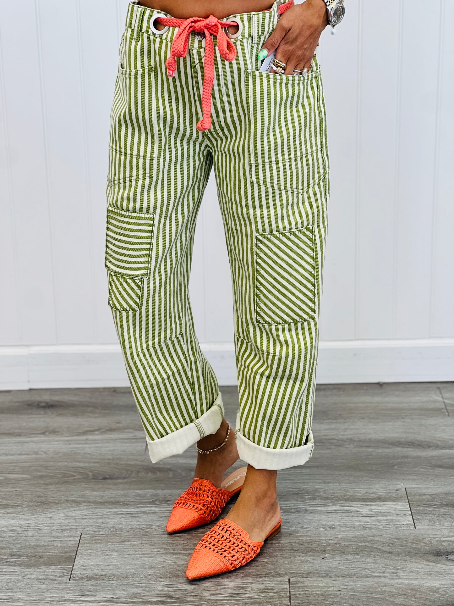 Lime Striped Twill Barrel Pants (Reg & Plus.)