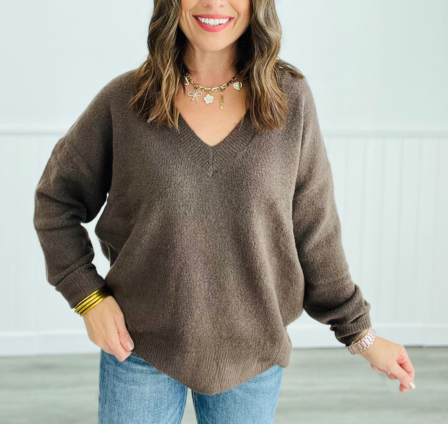 V-Neck Drop Shoulder Sweater (Reg. and Plus) - 4 Colors