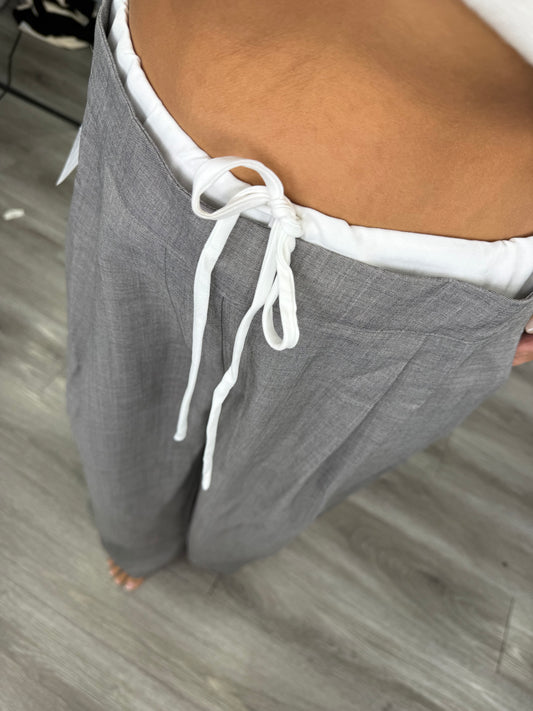 Grey Waist Tie Insert Tailored Pants (Reg.)