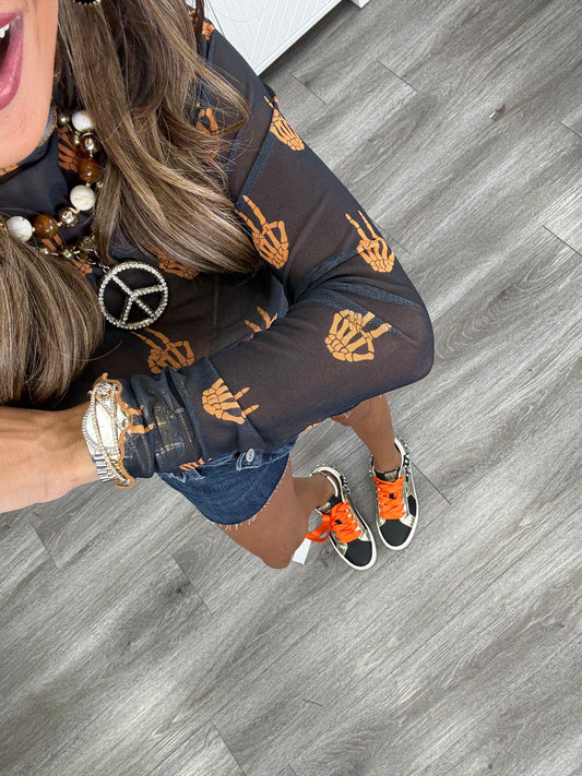 Orange Skeleton Peace Mesh Top (Reg. and Plus)