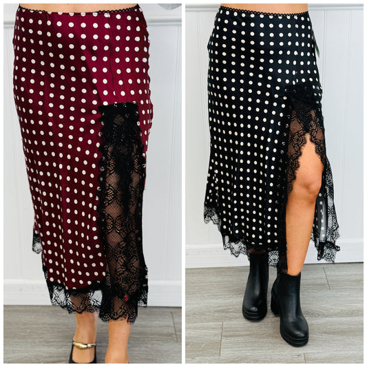 Polka Dot Satin Lace Trim Midi Skirt (Reg.)- 2 Colors
