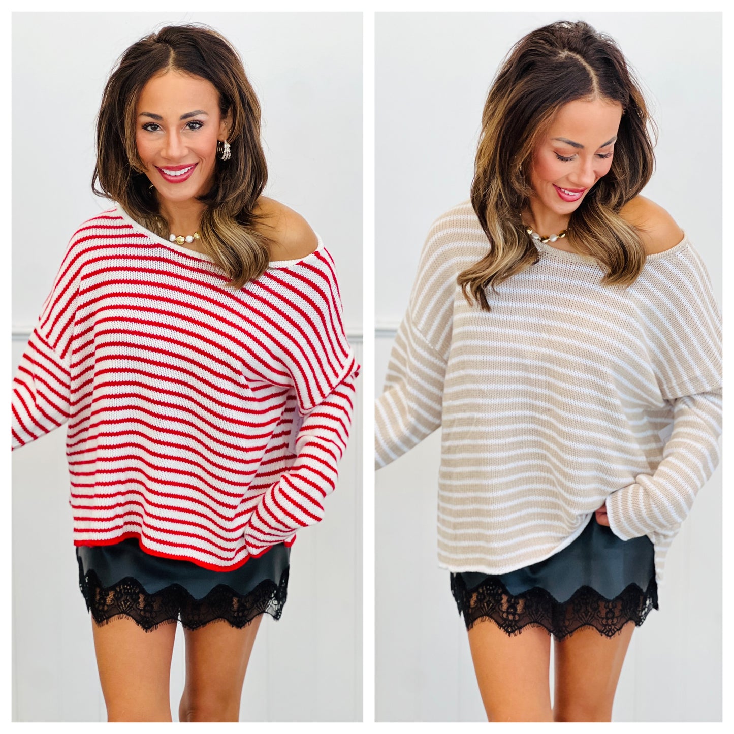 Striped Round Neck Sweater Top (Reg.)-2 Colors