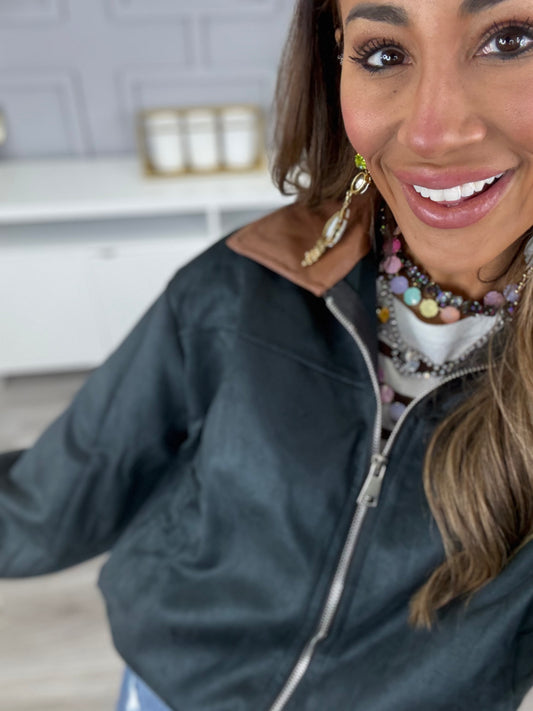 Dark Teal Suede Contrast Collar Zip Up Jacket (Reg.)