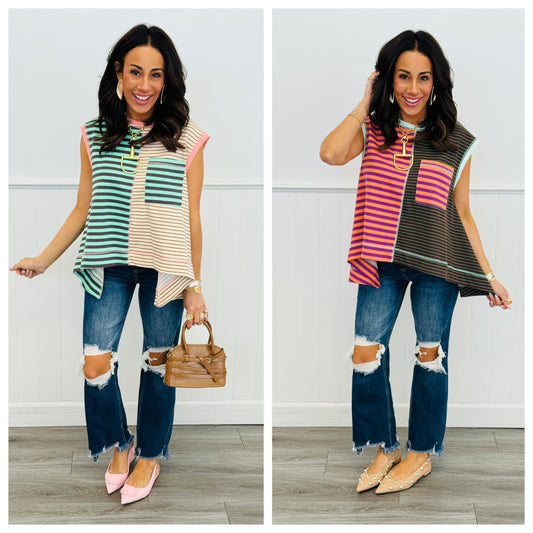 Striped Color Block Sleeveless Top (Reg & Plus)-2 Colors