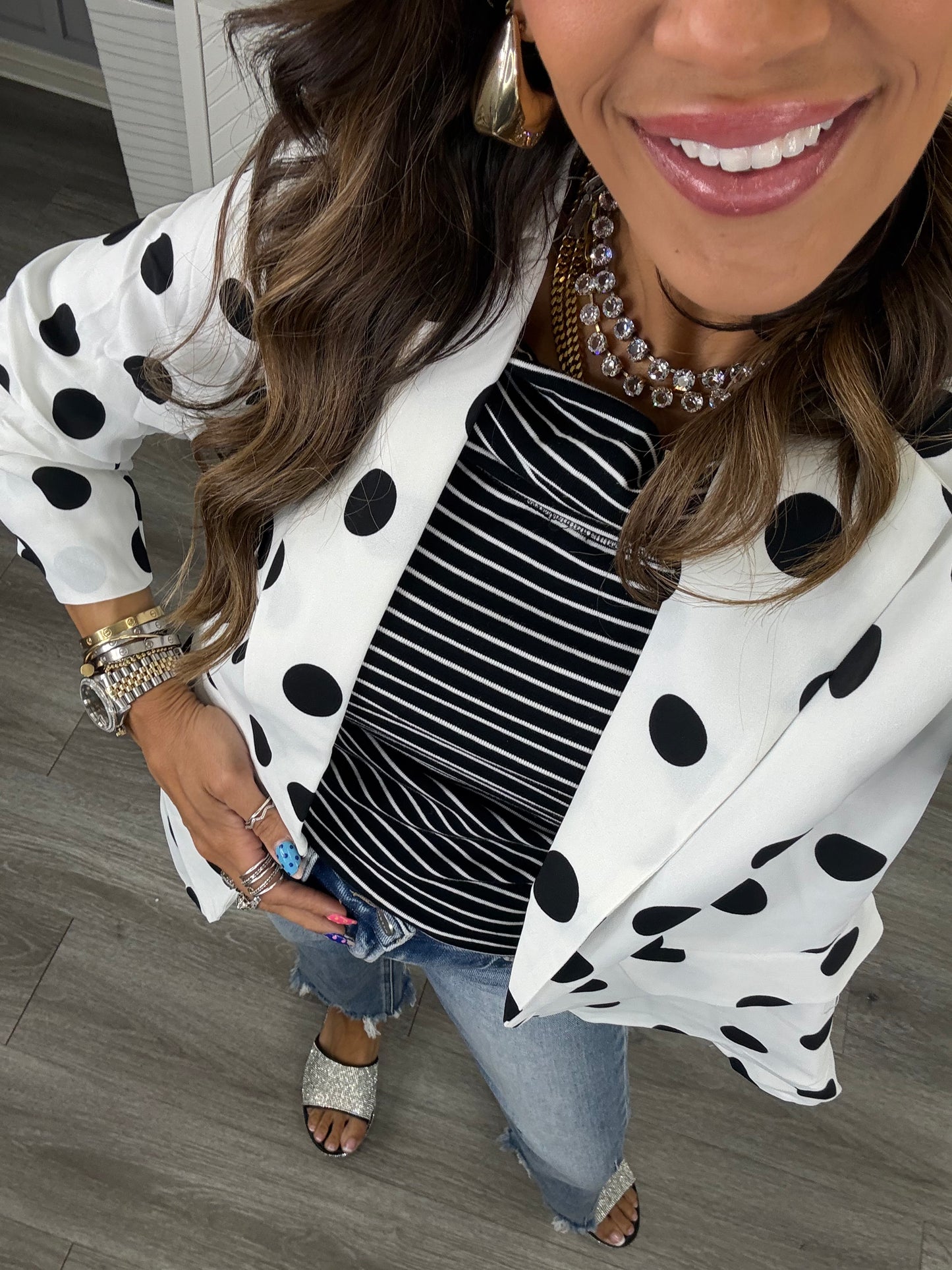 White/Black Polka Dot Ruched Blazer (Reg & Plus)