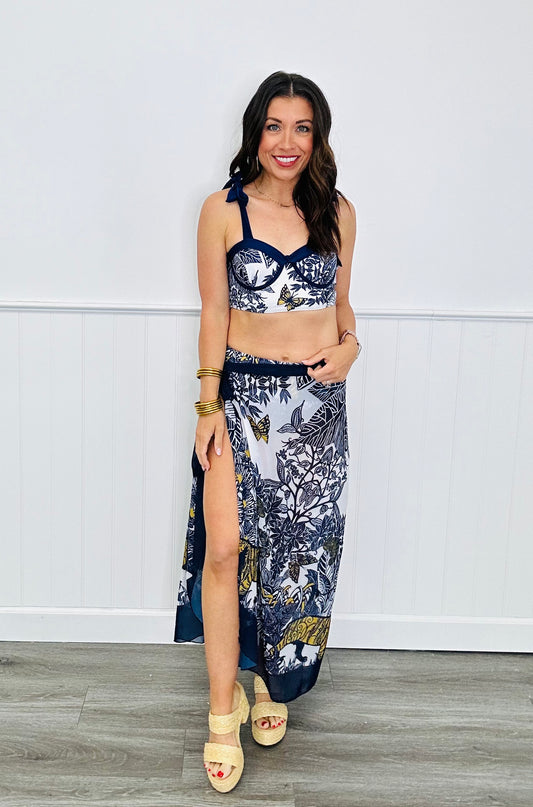 Blue & White Floral Print 2 Piece Swimsuit with skirt