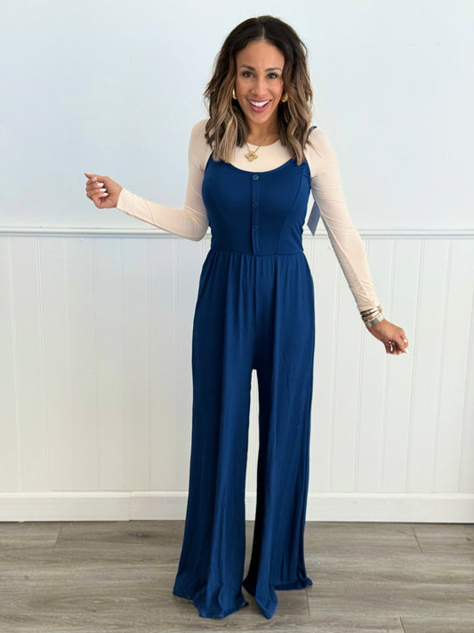 Navy Strappy Palazzo Jumpsuit (Reg & Plus)