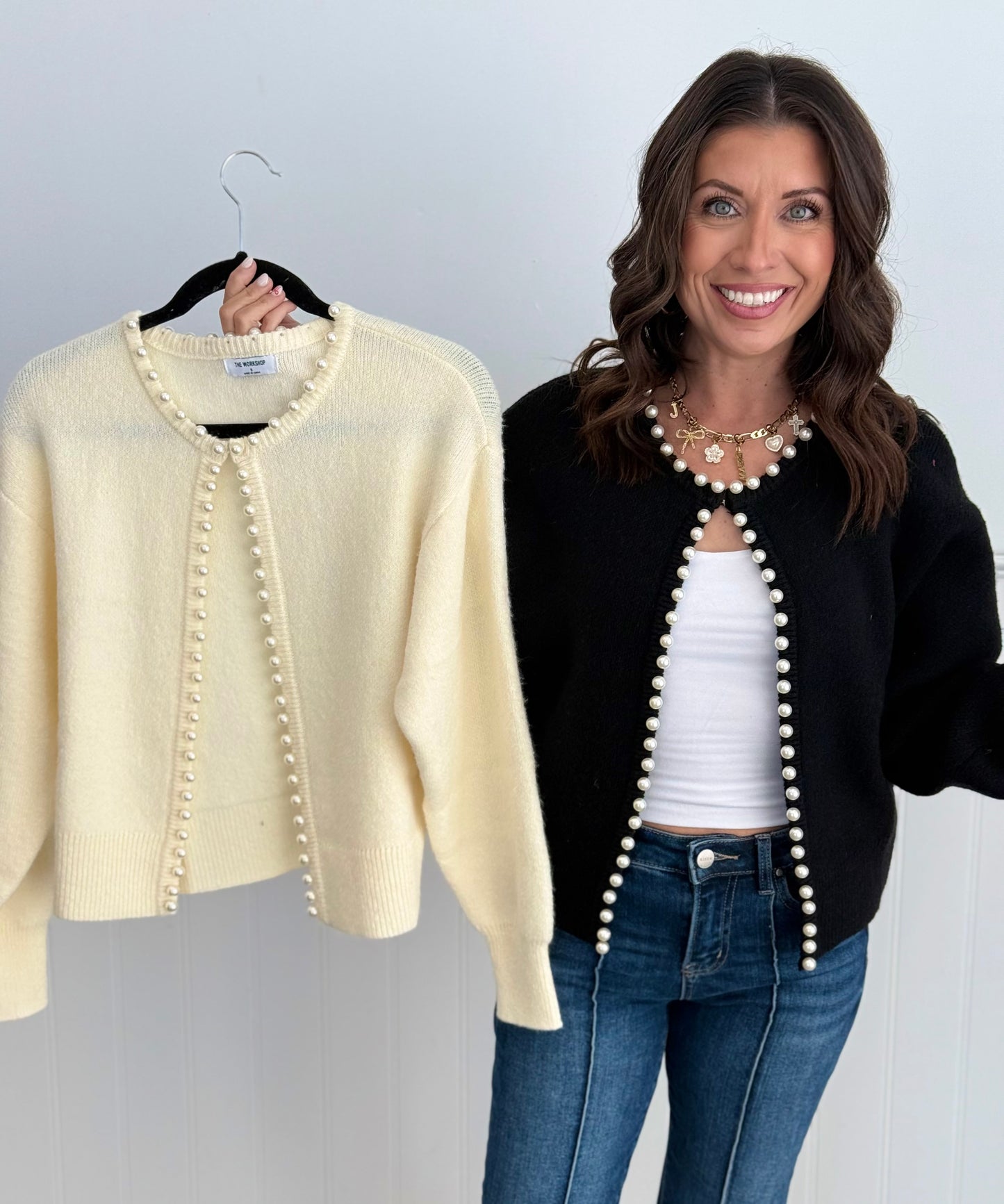 Pearl Trim Open Front Knit Cardigan (Reg.)- 2 Colors