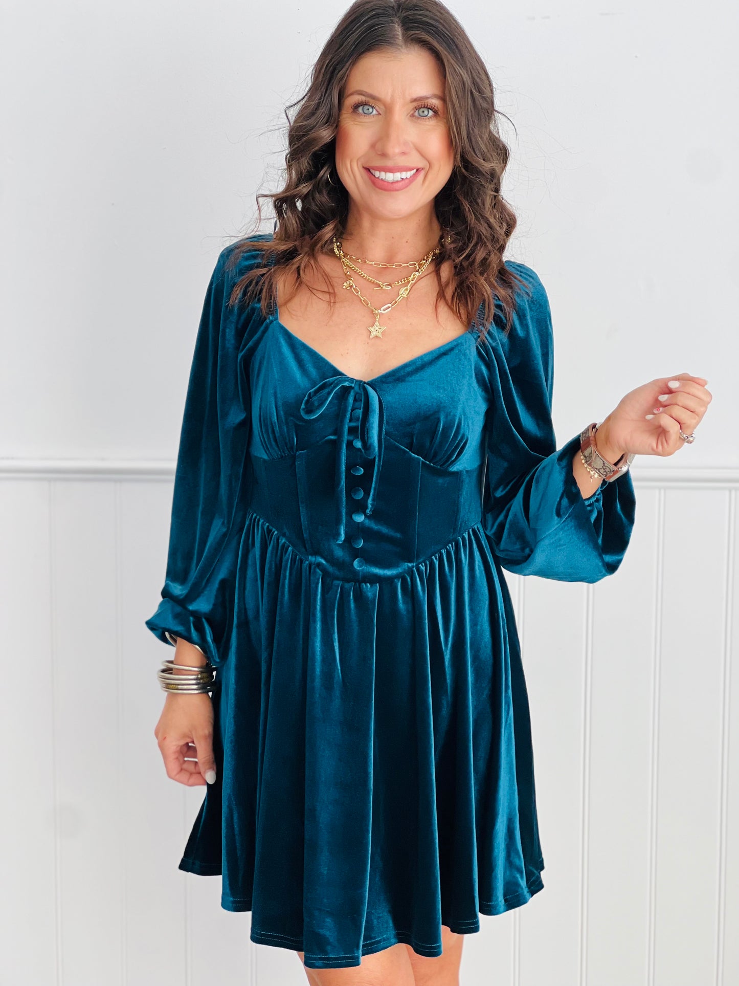 Dark Teal Velvet Button Down Front Tie Mini Dress (Reg.)