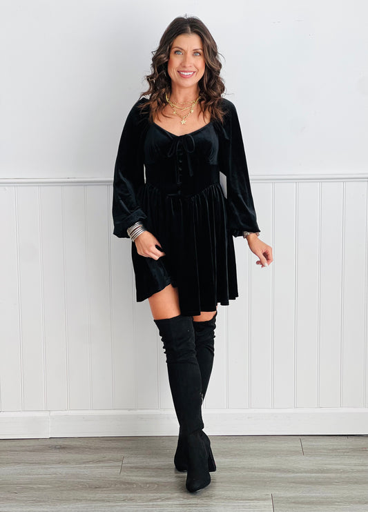 Black Velvet Button Down Front Tie Mini Dress (Reg.)