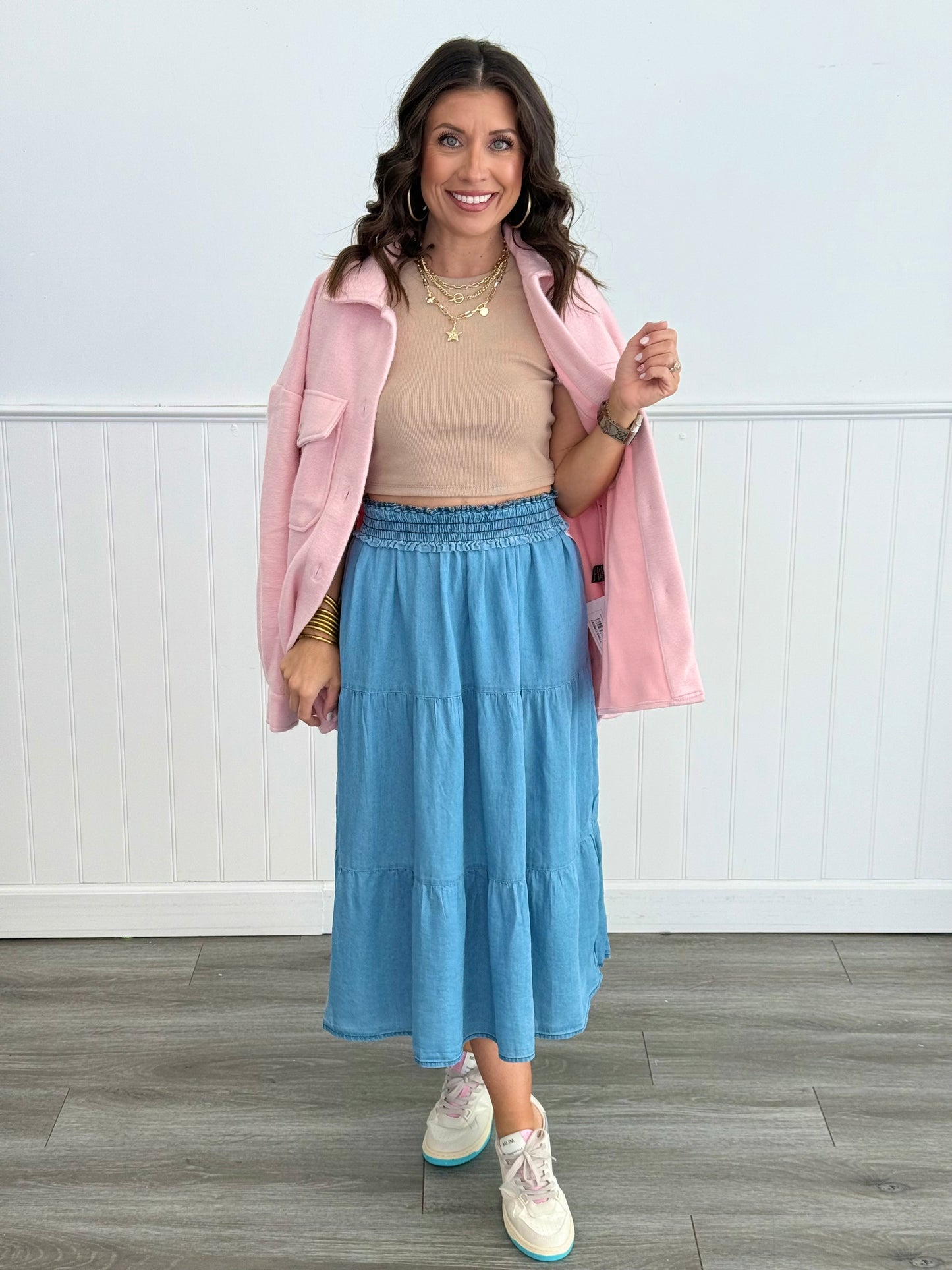 Denim Tiered Midi Skirt (Reg. and Plus)