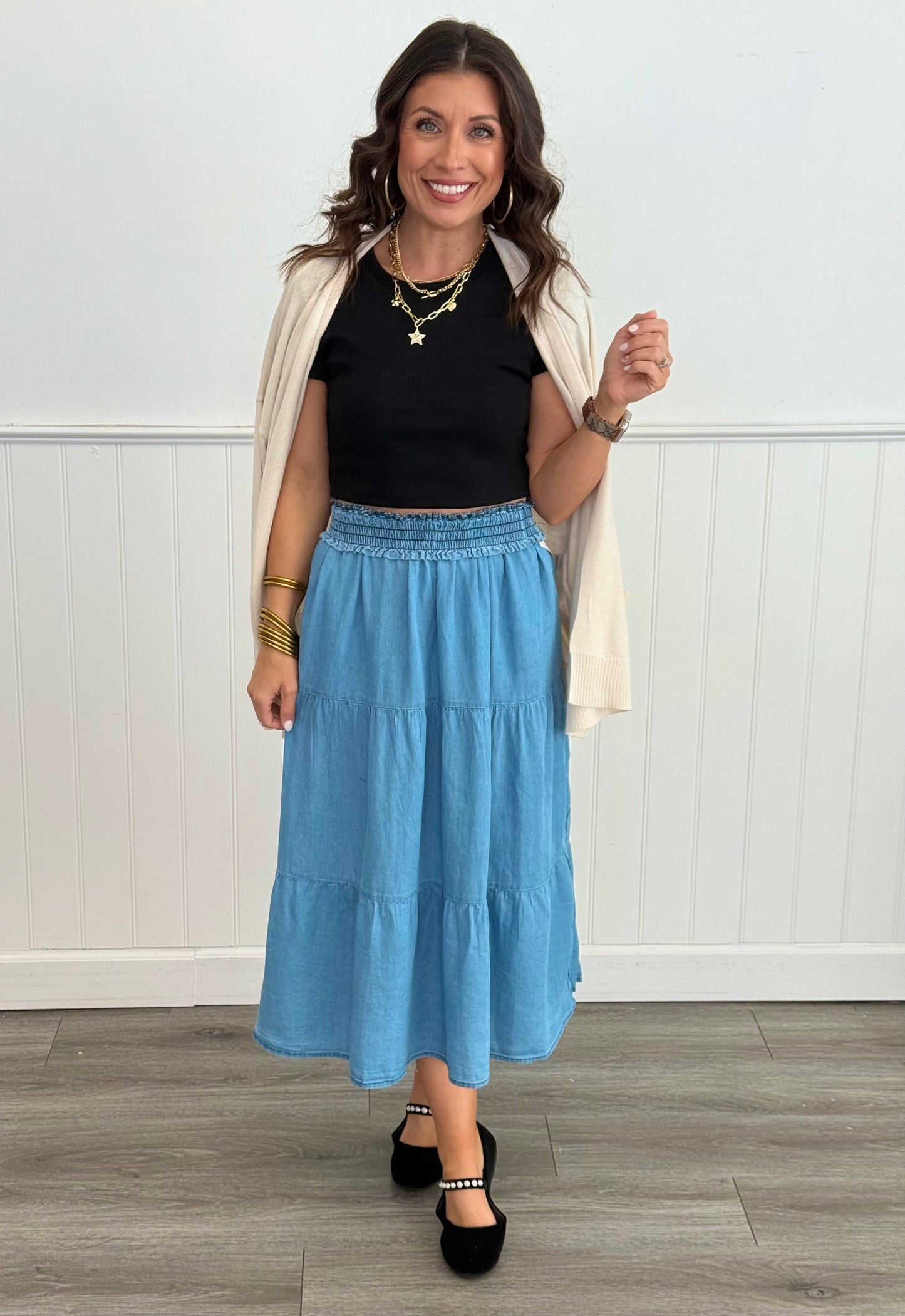 Denim Tiered Midi Skirt (Reg. and Plus)