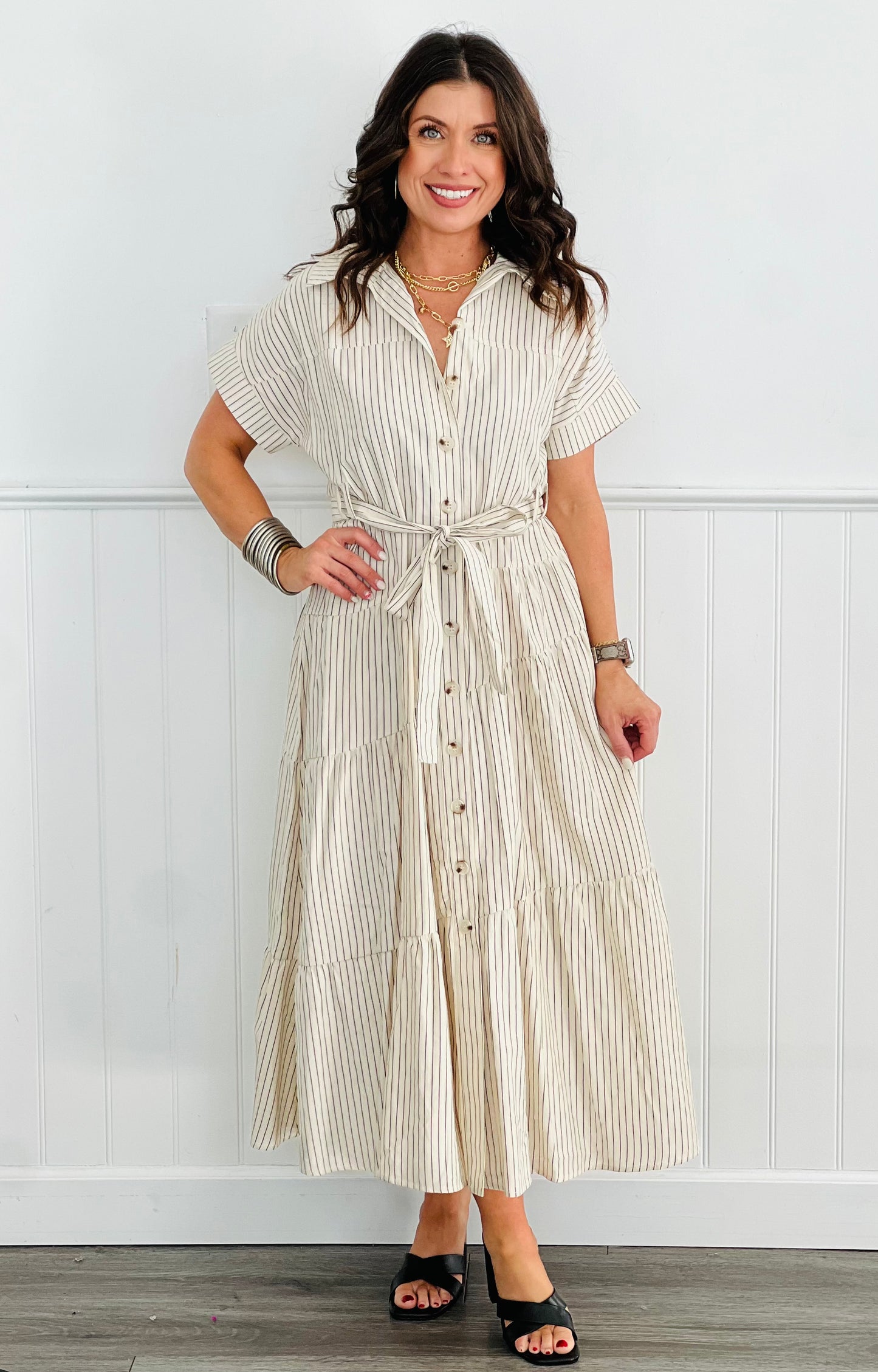 Cream/Black Striped Collar Dress (Reg. & Plus)