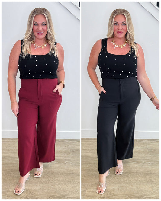 High Waist Zip Up Wide Pants (Plus)-2 Colors