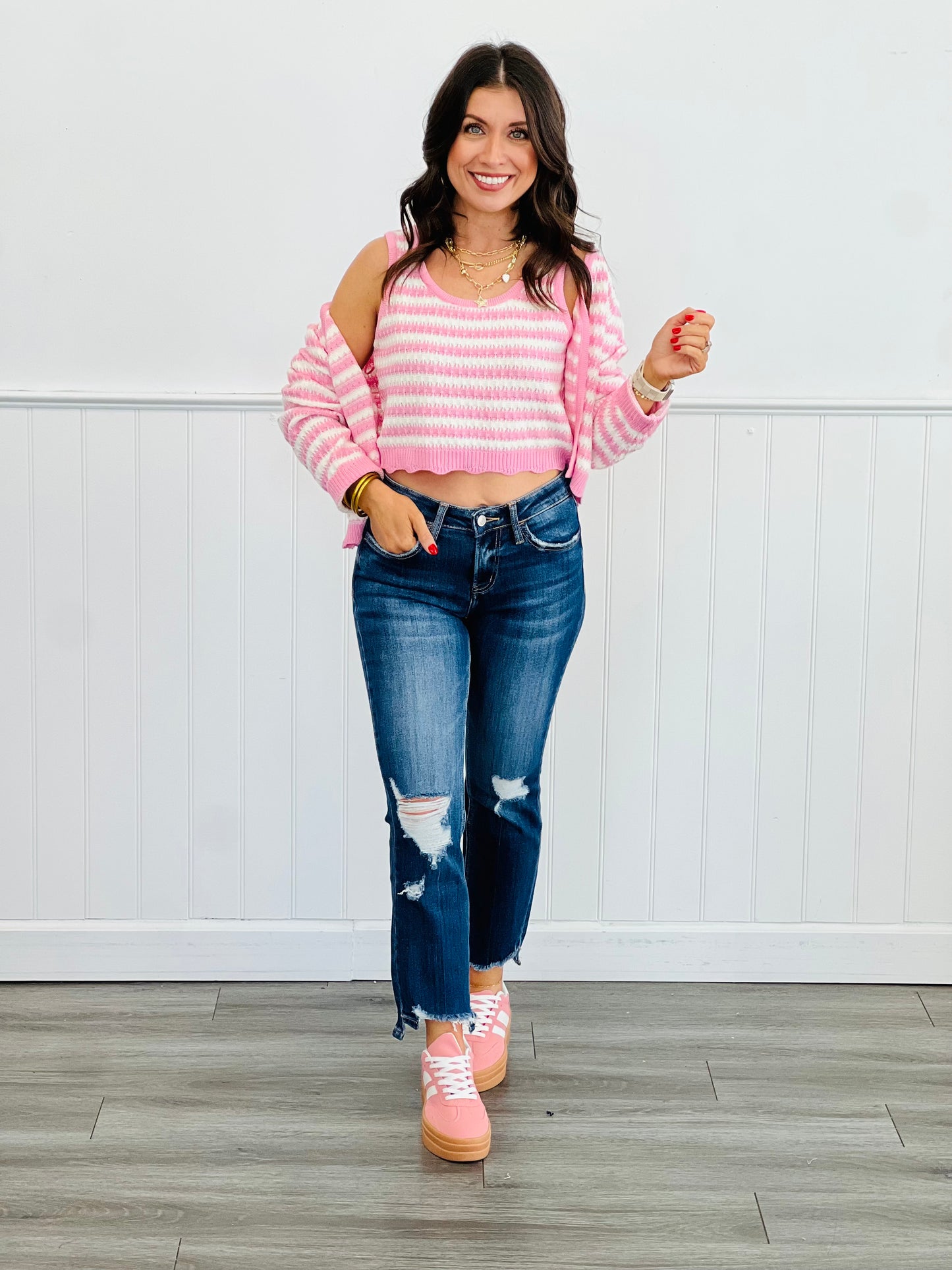 Pink Striped Open Cardigan Set (Reg.)