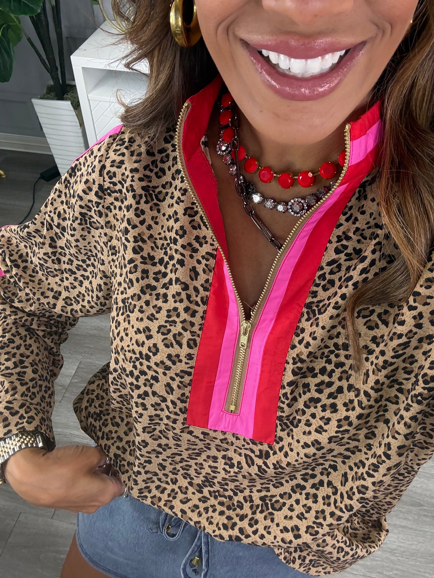 Red/Pink Leopard Contrast Stripe Blouse (Reg.)