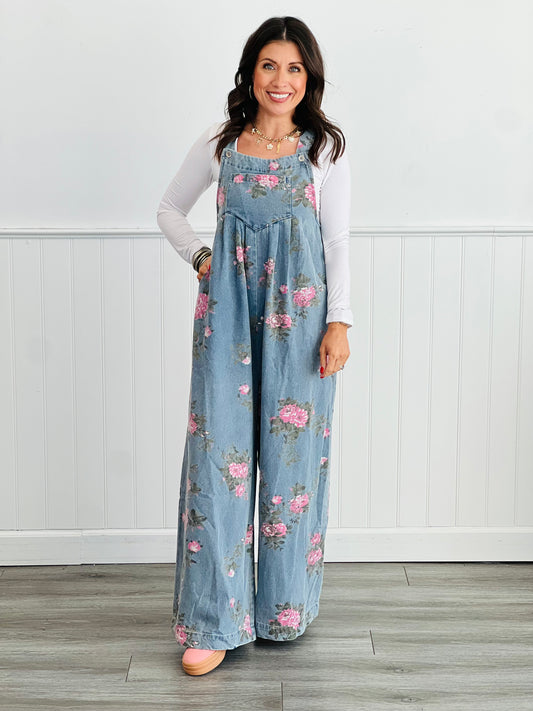 Denim Floral Print Wide Leg Overalls (Reg.)