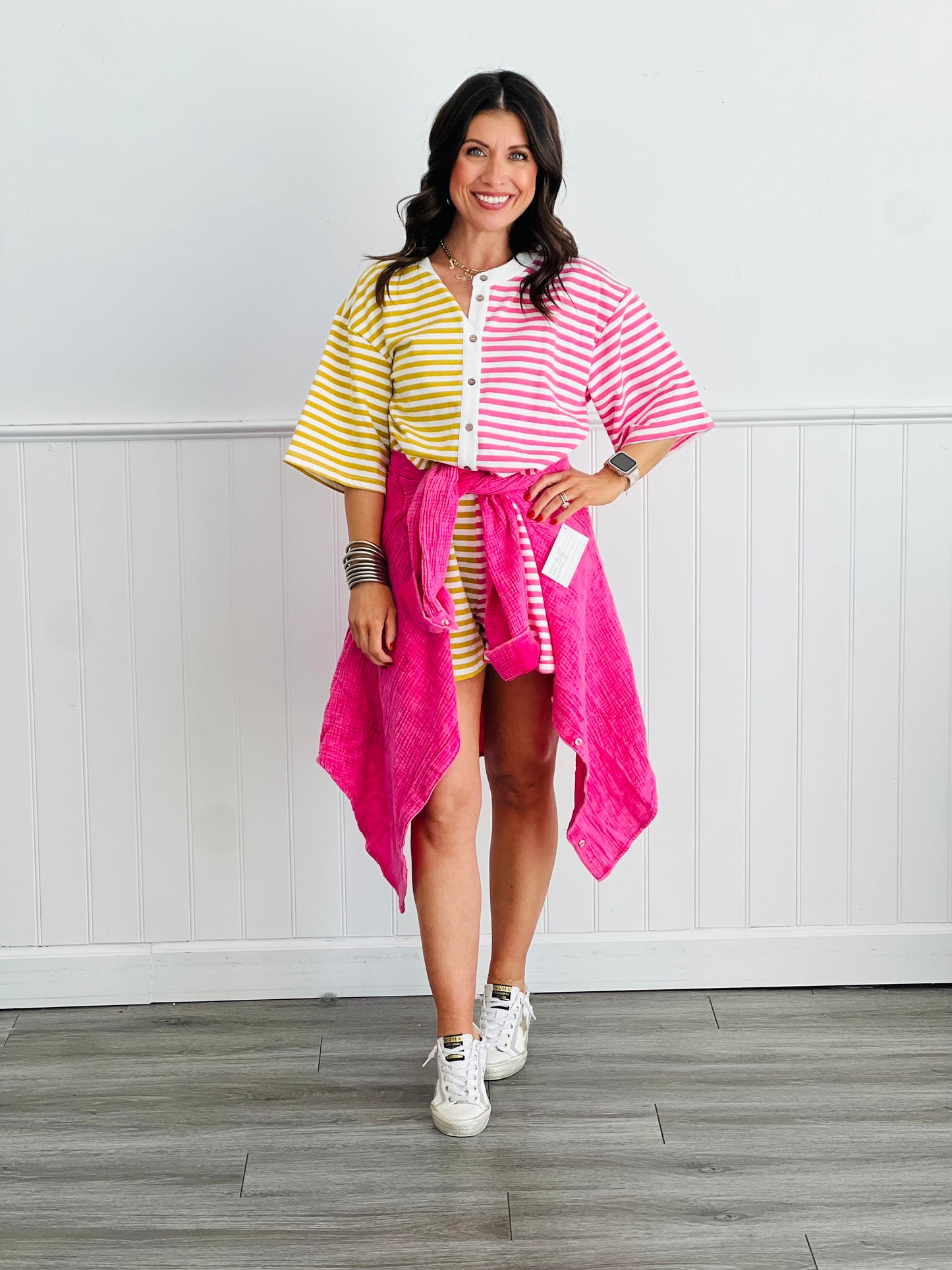 Pink/Yellow Easy Day Striped Romper (Reg & Plus)