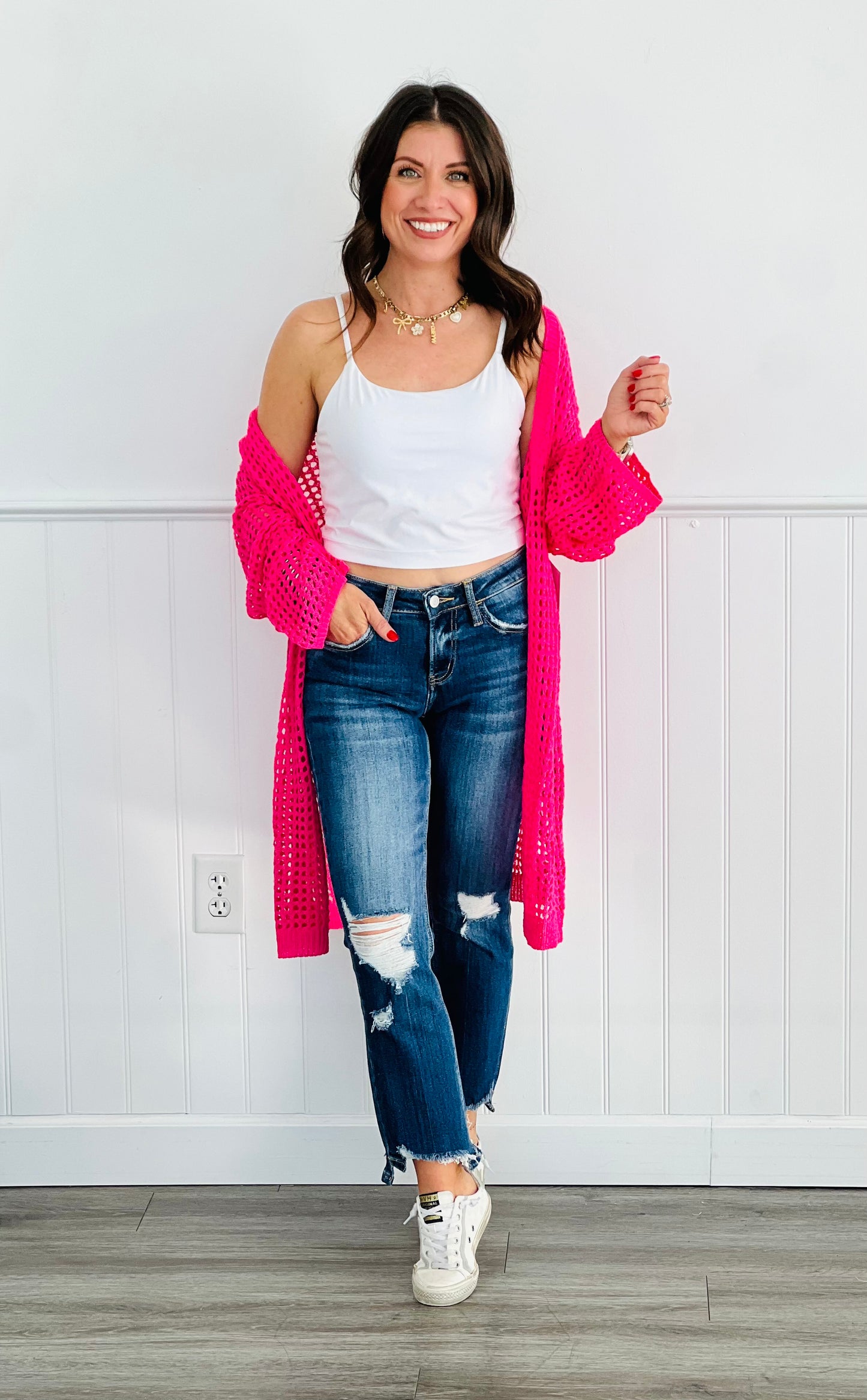 Hot Pink Open Knit Cardigan (Reg. and Plus)