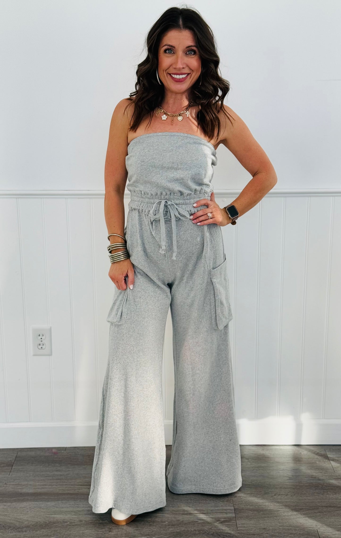 Heather Grey French Terry Tube Jumpsuit (Reg)